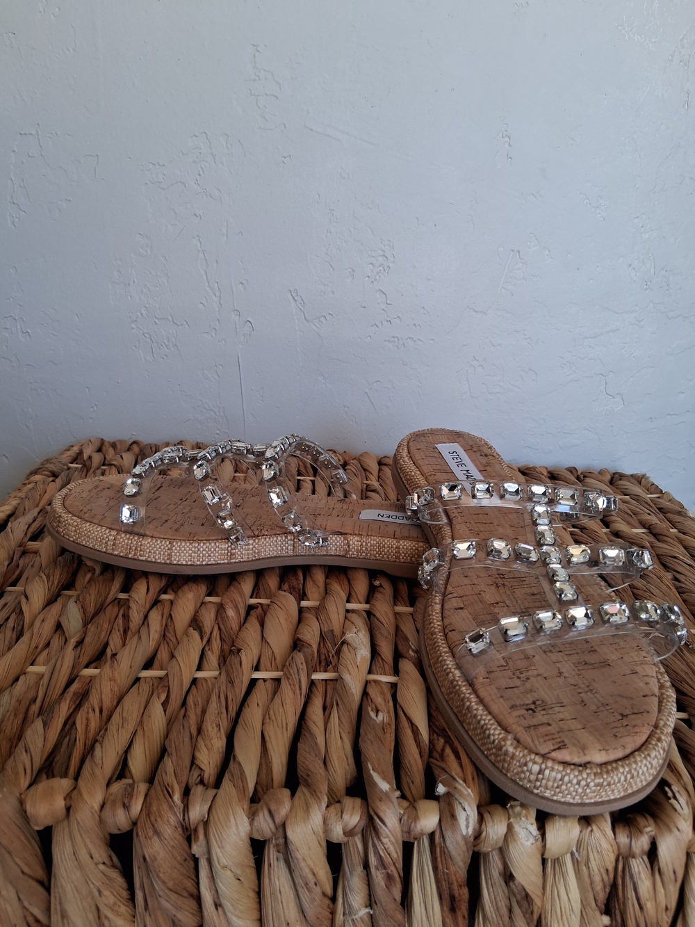 Steve Madden Sz 8 Cork Slide Sandals with Clear Jeweled Straps - Picture 6 of 8
